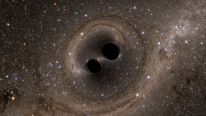 Simulació de la fusió dels dos forats negres dels quals procedeixen les ones detectades. / LLIGO/*SXS