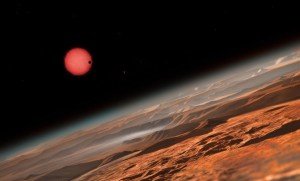 Il·lustració d'un dels tres planetes de l'estel TRAPPIST-1 (al fons). / AIXÒ/M. Kornmessers planetes