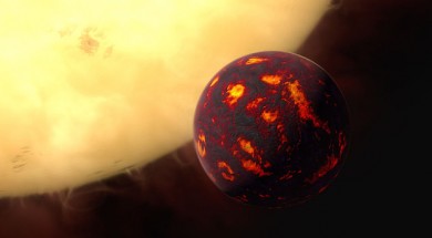 Il·lustració de l'exoplaneta 55 Cancri i enfront del seu estel. / AQUESTA/Hubble, M. Kornmesser