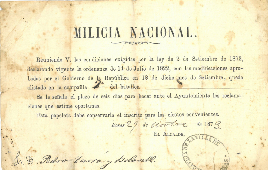 El Document del Mes de l’AMR mostra l’allistament, l’any 1873, d’un rosinc a la Milícia Nacional